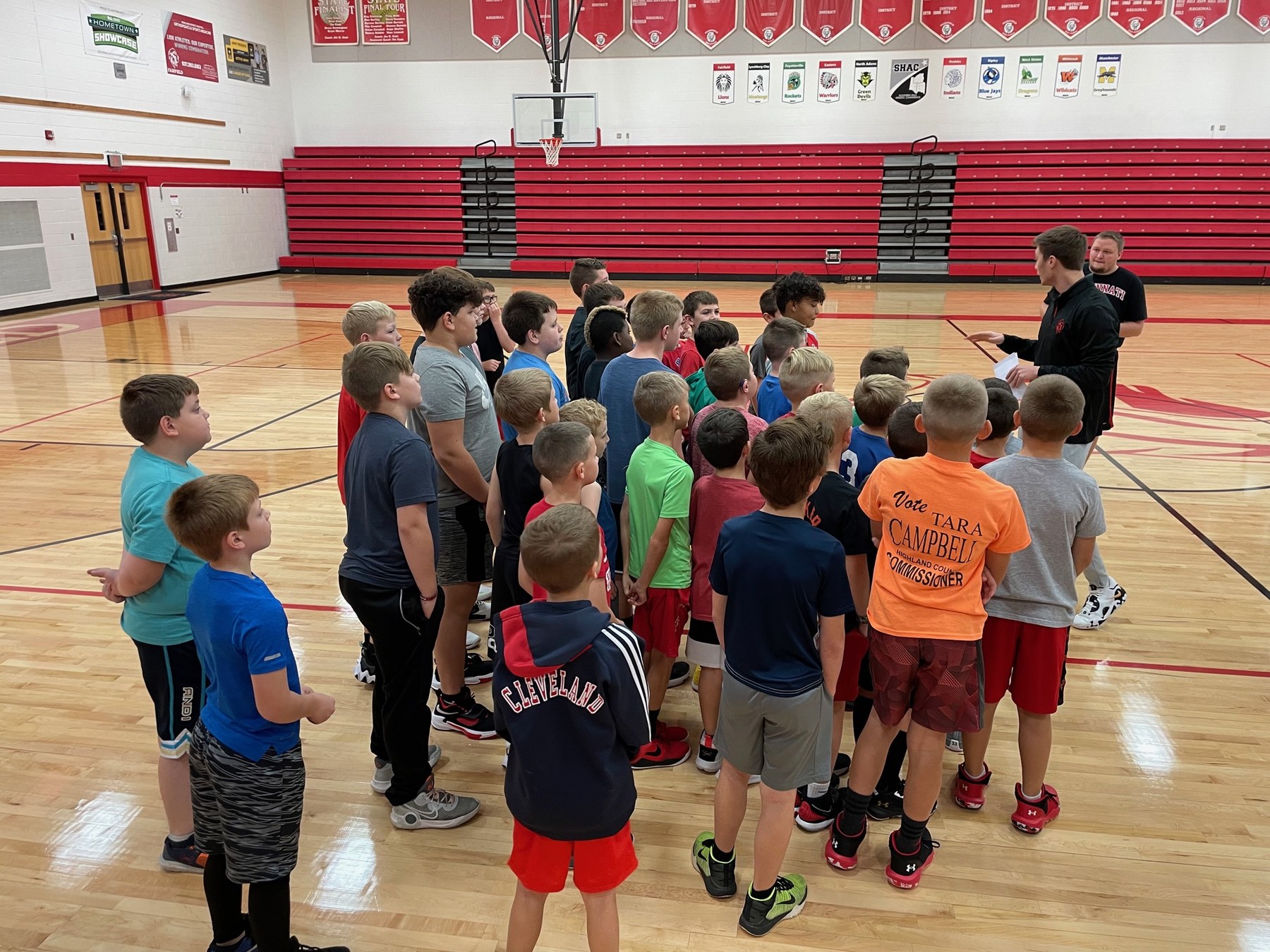 Coach teaching athletes at basketball camp